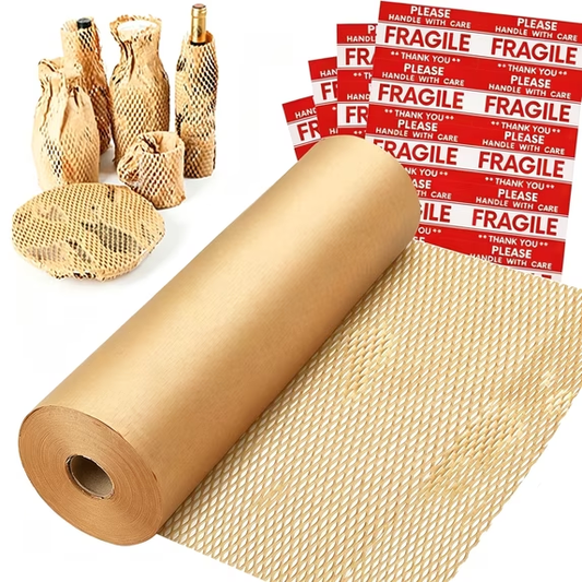 LQIQIZ Honeycomb Packaging Paper, 12" x 164' Perforated Cushioning Wrap with 10 Fragile Stickers, Bubble Wrap Alternative for Shipping, Protecting Fragile Items and Glassware