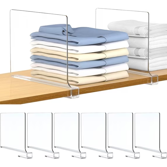 Shelf Dividers 6 PCS for Closet Organization, Acrylic Bag Storage Organizer Bookshelf Separator Dividers for Wooden, Vertical Shelves, Bedroom, Kitchen, Office