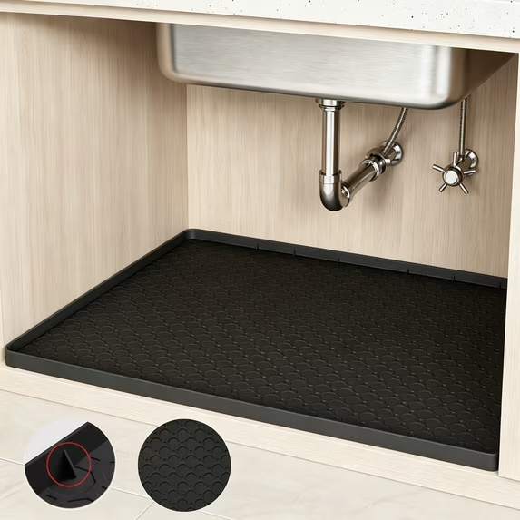 LQIQIZ Silicone Under Sink Mat 34"x22" - Waterproof Cabinet Liner for Kitchen & Bathroom, Thick Protector with Non-Slip Raised Edge, Easy-Clean Floor Tray & Fridge Mat for Home Organization, Black