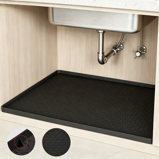 LQIQIZ Silicone Under Sink Mat 34"x22" - Waterproof Cabinet Liner for Kitchen & Bathroom, Thick Protector with Non-Slip Raised Edge, Easy-Clean Floor Tray & Fridge Mat for Home Organization, Black