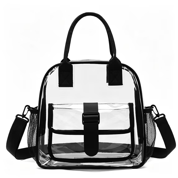 LQIQIZ Clear Bag for Stadium Events, 11.4"×6"×11.4" Transparent PVC Concert Bag with Adjustable Shoulder Strap, See-Through Cross-Body Travel Tote for Sports, Festivals, Work, Black
