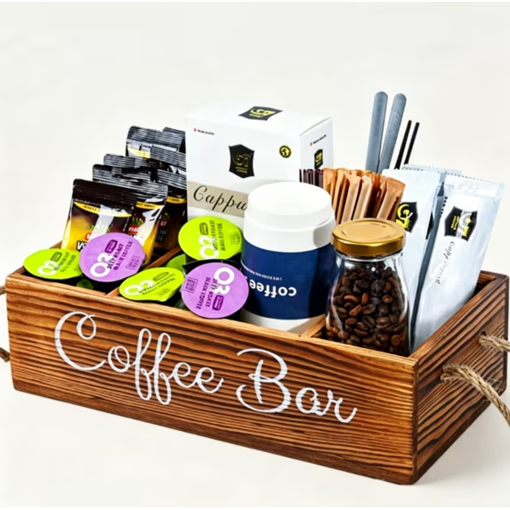 Coffee Station Organizer for Countertop, Wooden Coffee Bar Station with Adjustable Dividers Coffee Pod Holder Storage Basket for Kitchen & Office K Cup Sugar Tea