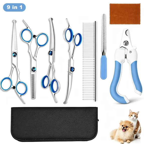 LQIQIZ 9 in 1 Pet Grooming Scissors Kit, Professional Hair Trimming Shears for Cats & Dogs, Includes Thinning Shears Curved Scissors Nail Clippers Comb Case, Home Pet Grooming Scissors, Blue