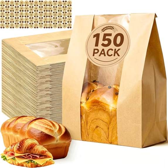 150pcs Bread Bags for Homemade Bread,Windowed Sourdough Bread Bags,Large Brown Kraft Bread Baking Storage Paper Bags for Storing Portioned Bread,Cookies,Snacks,13.7*8.2*3.5in,Includes 150 Stickers