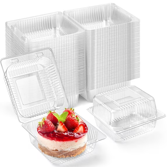 100 Pcs Clear Hinged Plastic Food Containers with Lids,Square Cake Slice Containers,5.2x4.9x2.8 In,Disposable Clamshell Take Out Containers for Cakes,Cookies,Pasta,Sandwiches,Salad