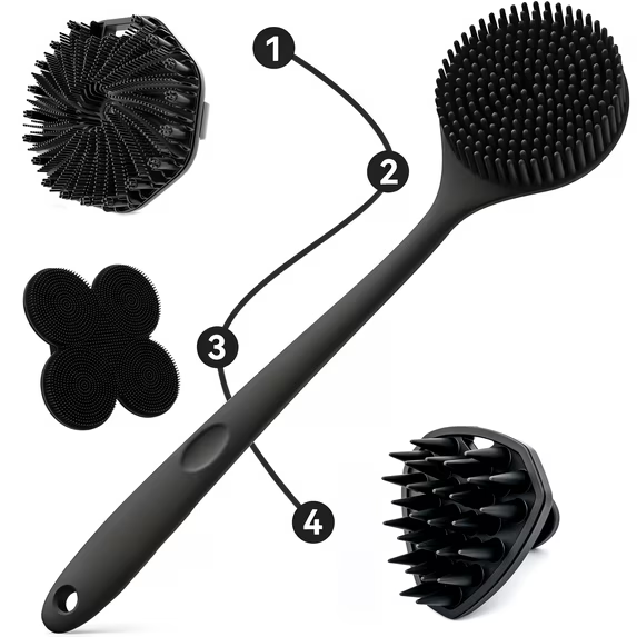 4PCS Silicone Back & Body Scrubber Set, Dual-Sided Exfoliating Bath Brush with Long Handle and Non-Slip Grip