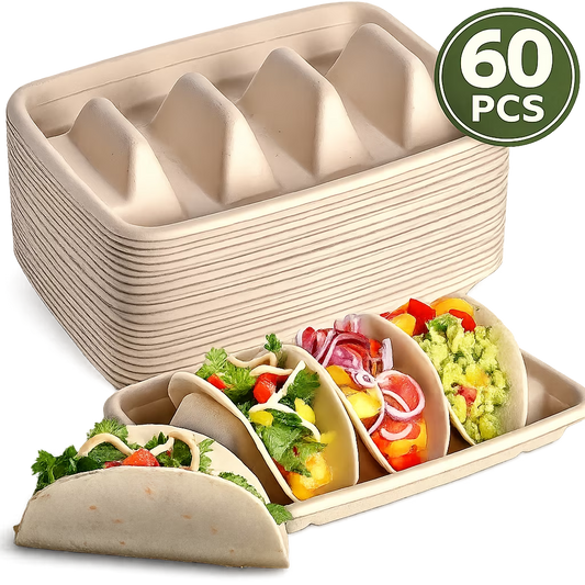 60PCS Disposable Taco Holders –3 Compartments Biodegradable Taco Plates Taco Stands Stackable Taco Plates Reusable Plates Microwave Safe for Taco Pita Bread Party