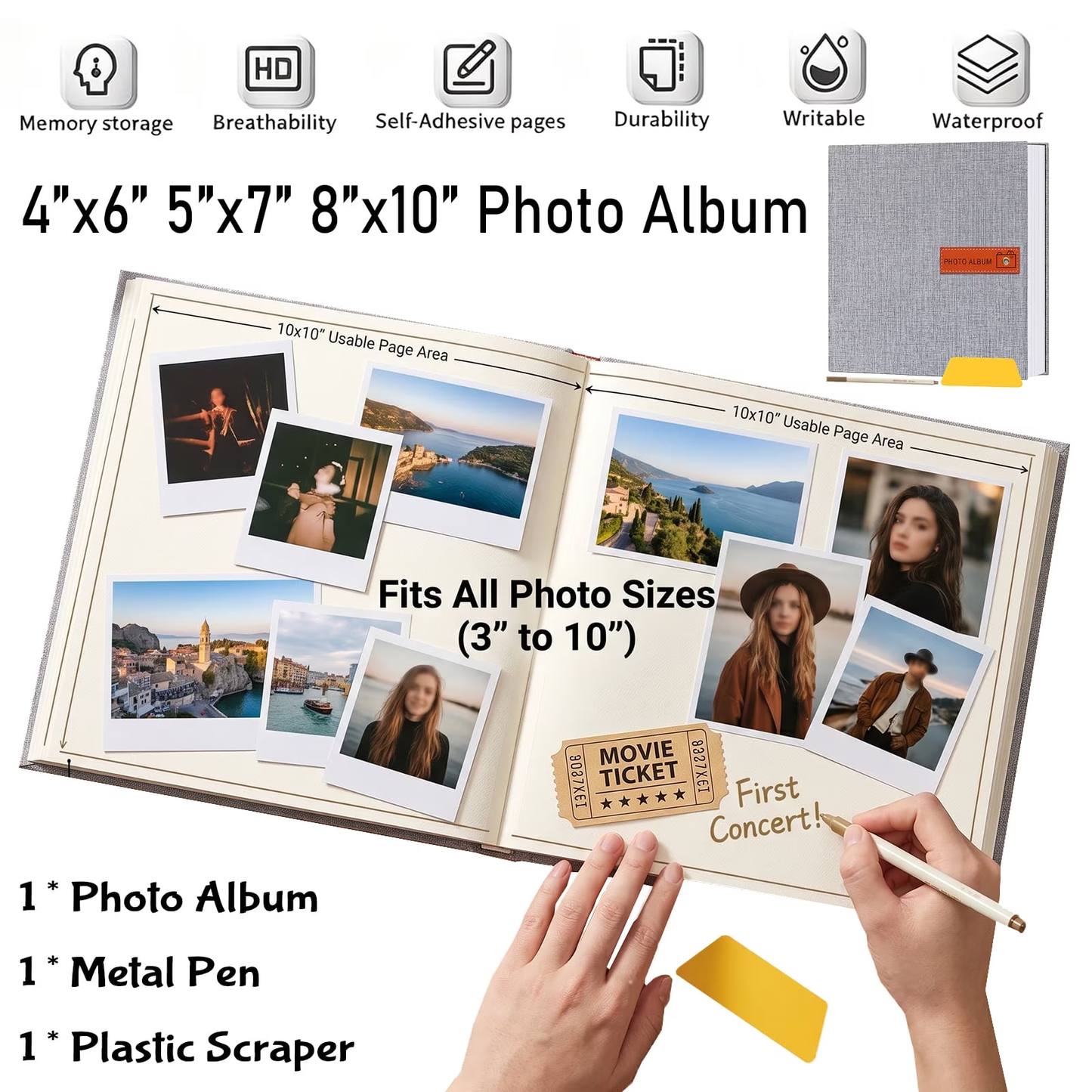 QIYFDDF 40 Pages Large Photo Album Self Adhesive 4x6 Photo Album 5x7 8x10 Scrapbook DIY Baby Scrapbook with Pen and Plastic Board, Gray