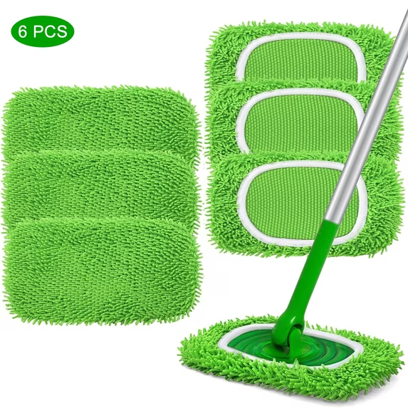 6 Pack Reusable Microfiber Mop Pads, Wet & Dry Sweeping Cloths for Flat Mop, Washable (Green)
