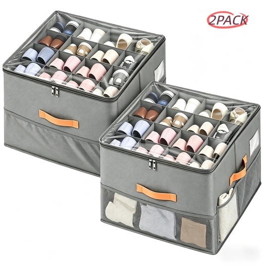 ZHIJYBO 2 Pack Shoe Organizer for Closet,Foldable Shoe Storage Bins with Clear Cover,Space Saving Shoes Holder with Handles,Large Shoe Box Storage Containers,Fits up to 32 Pairs