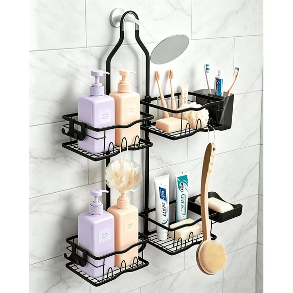 QIYFDDF Hanging Shower Caddy，Hanging Rustproof Shower Caddy, Anti-Swing with Hooks & Holders, Black