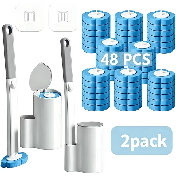 QIYFDDF Disposable toilet brush Set, 2‑pack with 48 replacement heads. Single‑use with built‑in cleaner, for toilets, bathrooms and bathtubs.