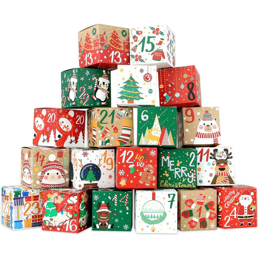 24pcs Christmas Advent Calendar Boxes, 24 Days Christmas Countdown Calendar Cardboard Number Gift Boxes Countdown to Christmas Empty Advent Calendar Candy Box for Adult Kids Candy Xmas Decoration