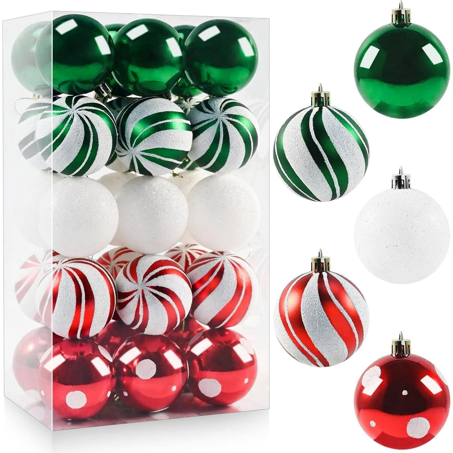 30PCS Christmas Balls Ornaments, 2.36" Red Green White Xmas Balls Decoration, Shatterproof Christmas Balls Ornaments for Christmas Tree, Painting & Glittering Hanging Ball for Party Event