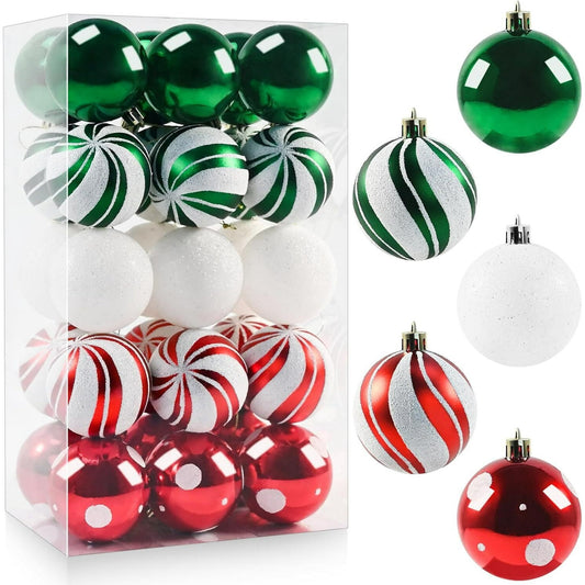 30PCS Christmas Balls Ornaments, 2.36" Red Green White Xmas Balls Decoration, Shatterproof Christmas Balls Ornaments for Christmas Tree, Painting & Glittering Hanging Ball for Party Event