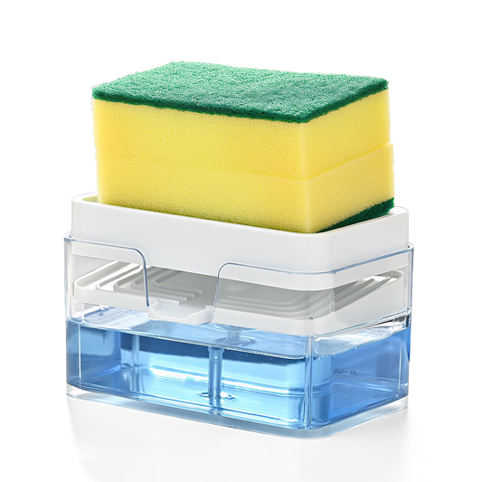 YUOFD Kitchen Soap Dispenser with Sponge Holder, Dishwashing Soap Pump Dispenser with 2 Sponges, Automatic Water Filtration, White