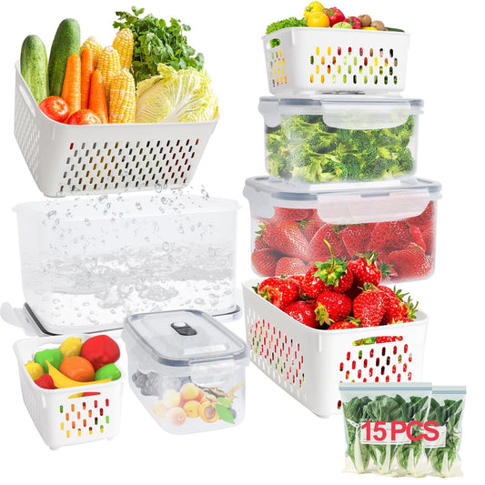 LJSXFI Fruit Storage Containers for Fridge with Removable Colander, Airtight Food Storage Containers for Salad Berry Lettuce Vegetables Meat Keeper Fresh(4 PCS Organizer+15 PCS Sealed Bag)