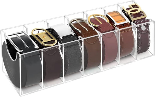 Belt Organizer, Belt Organizer for Closet, Acrylic 7 Compartments Belt Container Storage Holder, Purse Tie Jewelry Watch Bracelets Makeup Storage Box