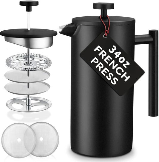 French Press Coffee Maker 34OZ - ANUNU Large Insulated Stainless Steel 304 Coffee Press with 2 Extra Screens（black）