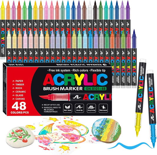 48 Color Acrylic Paint Markers Brush Tip, SFBOSF Vivid Colors with Direct-Liquid Ink Control System, Professional-Grade Paint Pen for Rock Painting, Canvas, Glass, Plastic, Fabric Creative Crafts