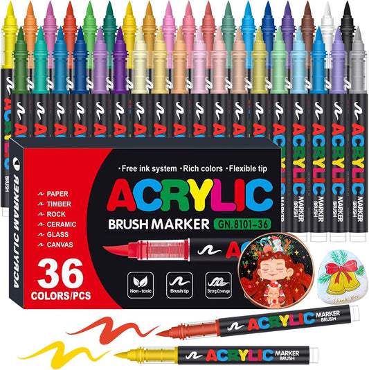 36Colors Acrylic Paint Markers,ANUNU Soft Brush Tip Acrylic Paint Markers,Quick-Drying Waterproof Acrylic Markers for Canvas, Rock Painting, Wood, Stone, Glass, Ceramic, Fabric Painting, DIY Crafts