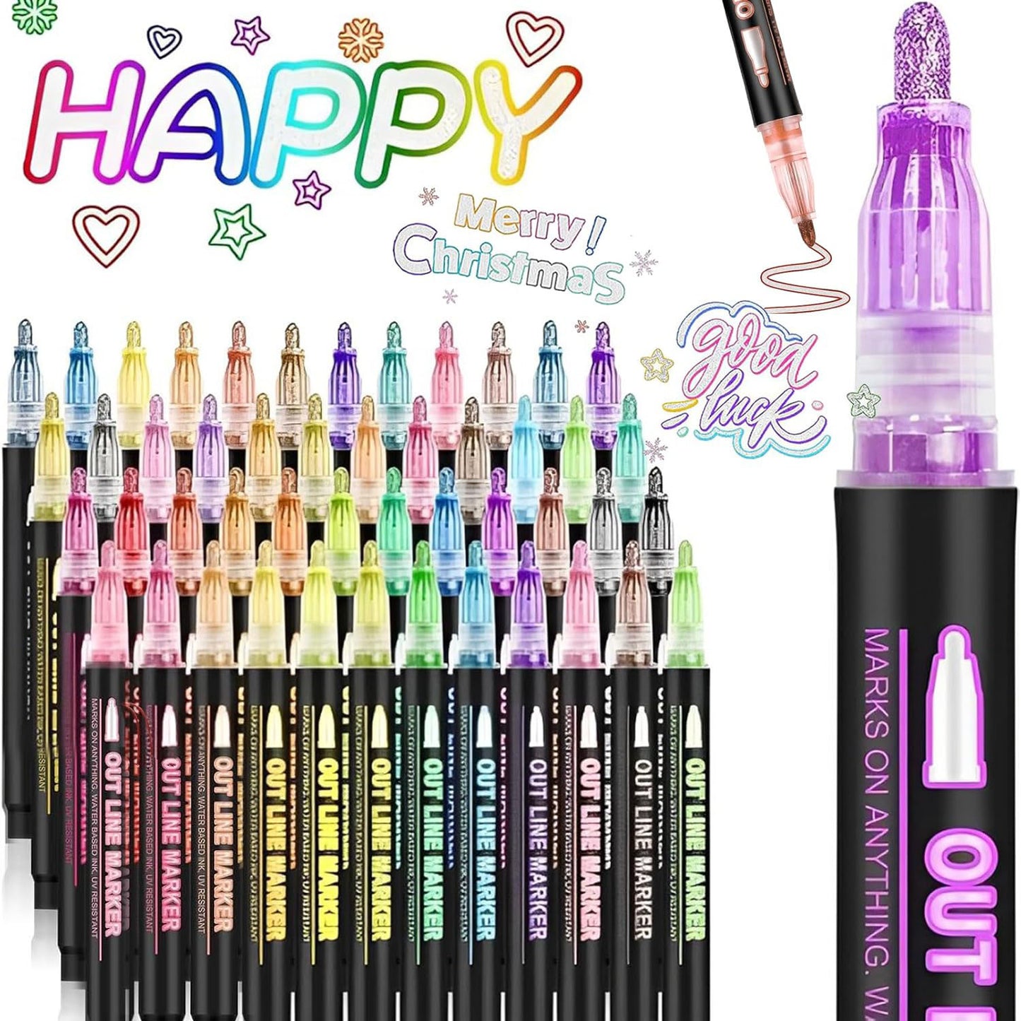 48 Colors Double Line Outline Markers ，SFBOSF Super Squiggles Glitter Markers Self Outline Metallic Markers, Doodle Shimmer Markers