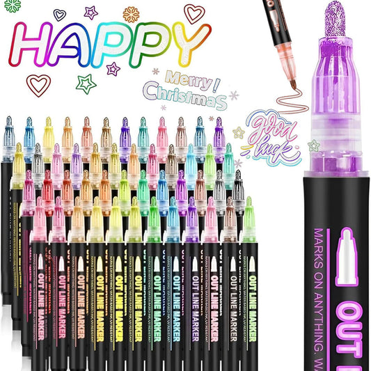 48 Colors Double Line Outline Markers ，SFBOSF Super Squiggles Glitter Markers Self Outline Metallic Markers, Doodle Shimmer Markers