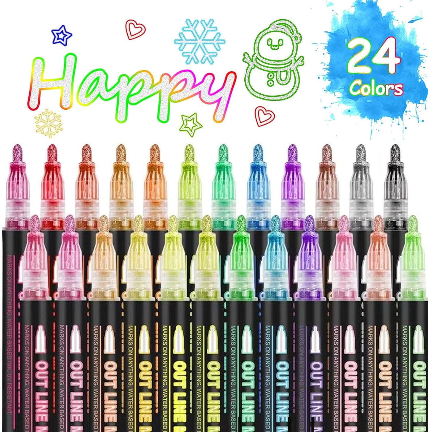 24 Colors Double Line Outline Markers ，JUJURU Super Squiggles Glitter Markers Self Outline Metallic Markers, Doodle Shimmer Markers