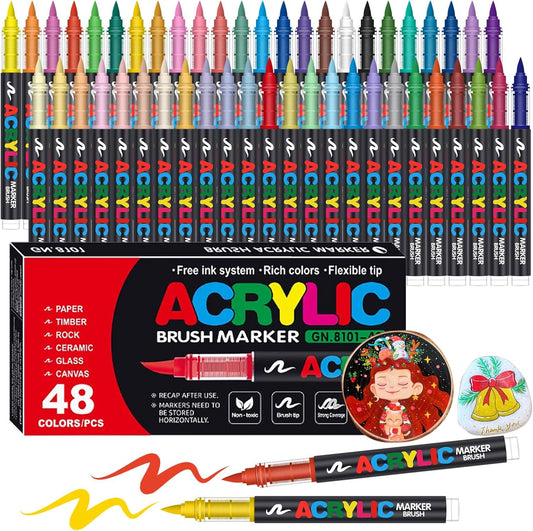 48 Color Acrylic Paint Markers Brush Tip, Panbear Vivid Colors with Direct-Liquid Ink Control System, Professional-Grade Paint Pen for Rock Painting, Canvas, Glass, Plastic, Fabric Creative Crafts