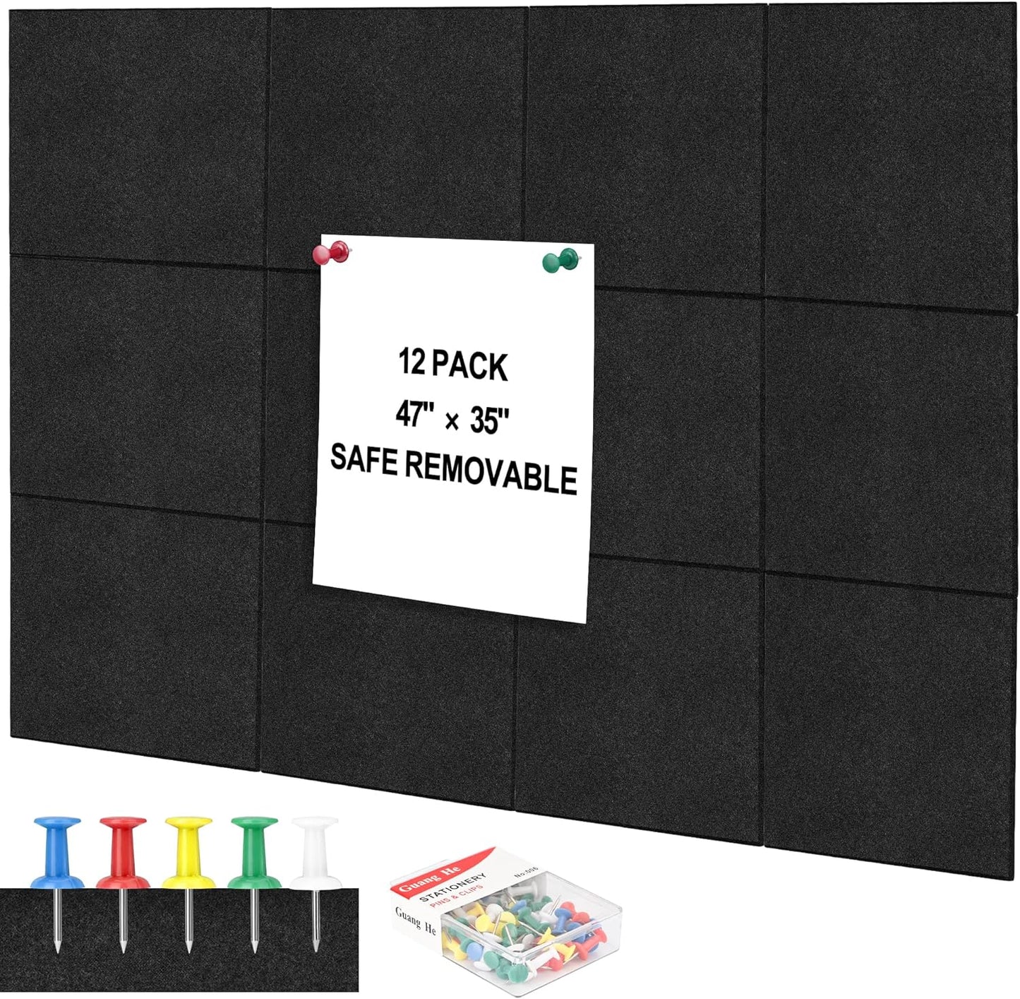 Felt Bulletin Board - 12 Pack Felt Wall Tiles with Removable Adhesive Tabs, Bulletin Boards for Walls Large Corkboard for Office Home School 47 x 35 inches (Black)