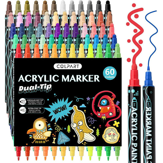 Acrylic Paint Markers, 60 Colors Dual Tip Acrylic Paint Pens for Rock Painting, Wood, Canvas, Stone, Glass, Ceramic Surfaces, DIY Crafts Making Art Supplies (Round Tip and Fine Tip)