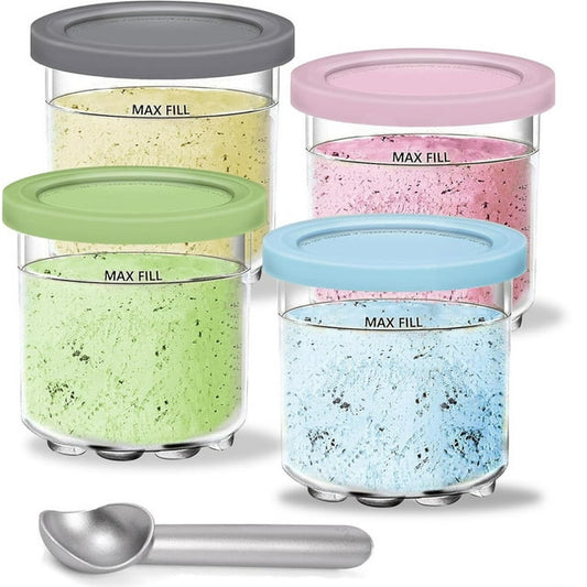 Creami Pints and Lids for Ninja - 4 pack Creamy Icecream Containers Cups Jars Tubs Canisters Set, Compatible with NC301 NC300 Series Ice Cream Makers, Dishwasher Safe, with 1 Ice Cream Scoops