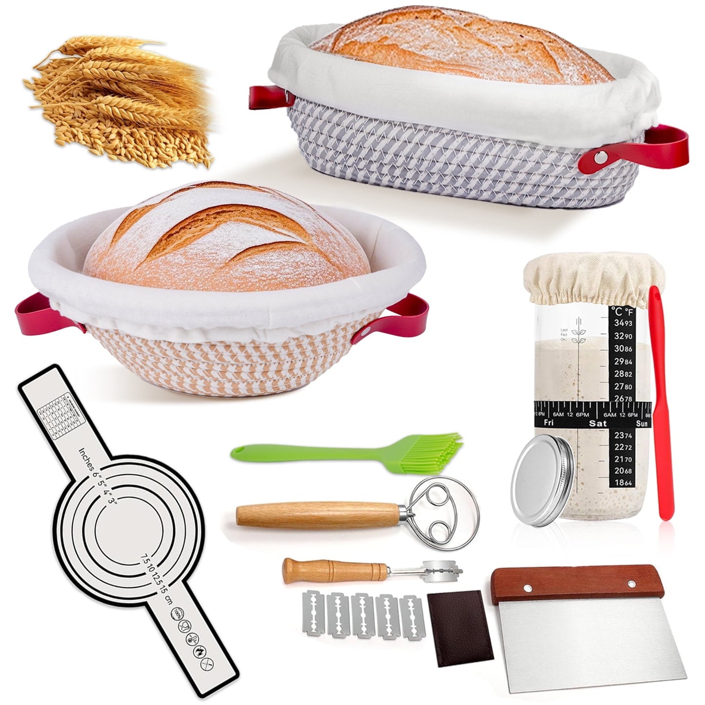 FAKYFJ Sourdough Starter Kit with 9" Round & 10" Oval Banneton Proofing Baskets, Dough Whisk, Lame, Scraper & Fermentation Jar Set
