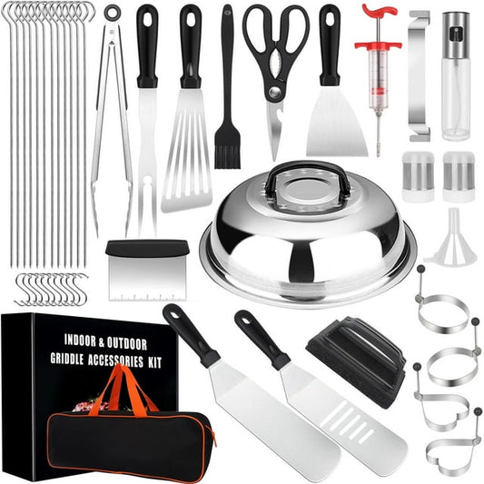 Griddle Accessories Kit, 43 Pieces Extra Thick Flat Top Griddle Grill Set for Professional Chef Spatula Grill Set with Oil Brush, Spatula, Spatula, Bottle, Tongs Egg Ring for Camping Outdoor Grilling