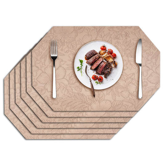 Placemats Set of 6 -ANUNU Waterproof Wipe Clean Heat Resistant Anti Slip Dining Table Place Mats, Suitable for Indoor & Outdoor Use, 17’’×12’’, Beige