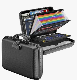 Fireproof Document Box, Fireproof File Organizer with Lock,ANUNU Hard-Shell Case Fireproof Document Box with 13 Pocket Accordion File Folder, Portable Home Office Travel Safe Storage （black）