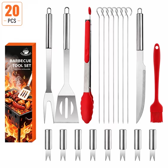 20pcs BBQ Grill BBQ Accessories, Stainless Steel Grilling Accessories BBQ Grill Tools Set,Heavy Duty Grill Utensils with Spatula & Tongs for Grill Backyard Camping