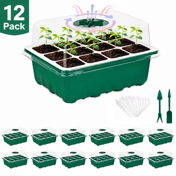 12 Pack Seed Starter Tray （144 Cells）, Seed Starter Kit for Indoor & Outdoor Gardening, Seed Starting Supplies for Plant Germination