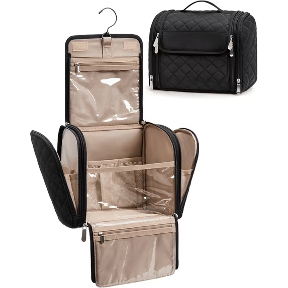 Hanging Toiletry Bag for Women, Large Capacity Travel Makeup Bag with Hook, Cosmetic Organizer for Full-Size Toiletries and Cosmetics, Portable Travel Essentials, Black