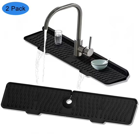LQIQIZ 2 Pack Foldable Silicone Faucet Mat, 24’’ Sink Splash Guard, Kitchen Bathroom Faucet Drying Mat, Sink Edge Water Catcher Drain Mat, Countertop Protector Silicone Water Drip Tray
