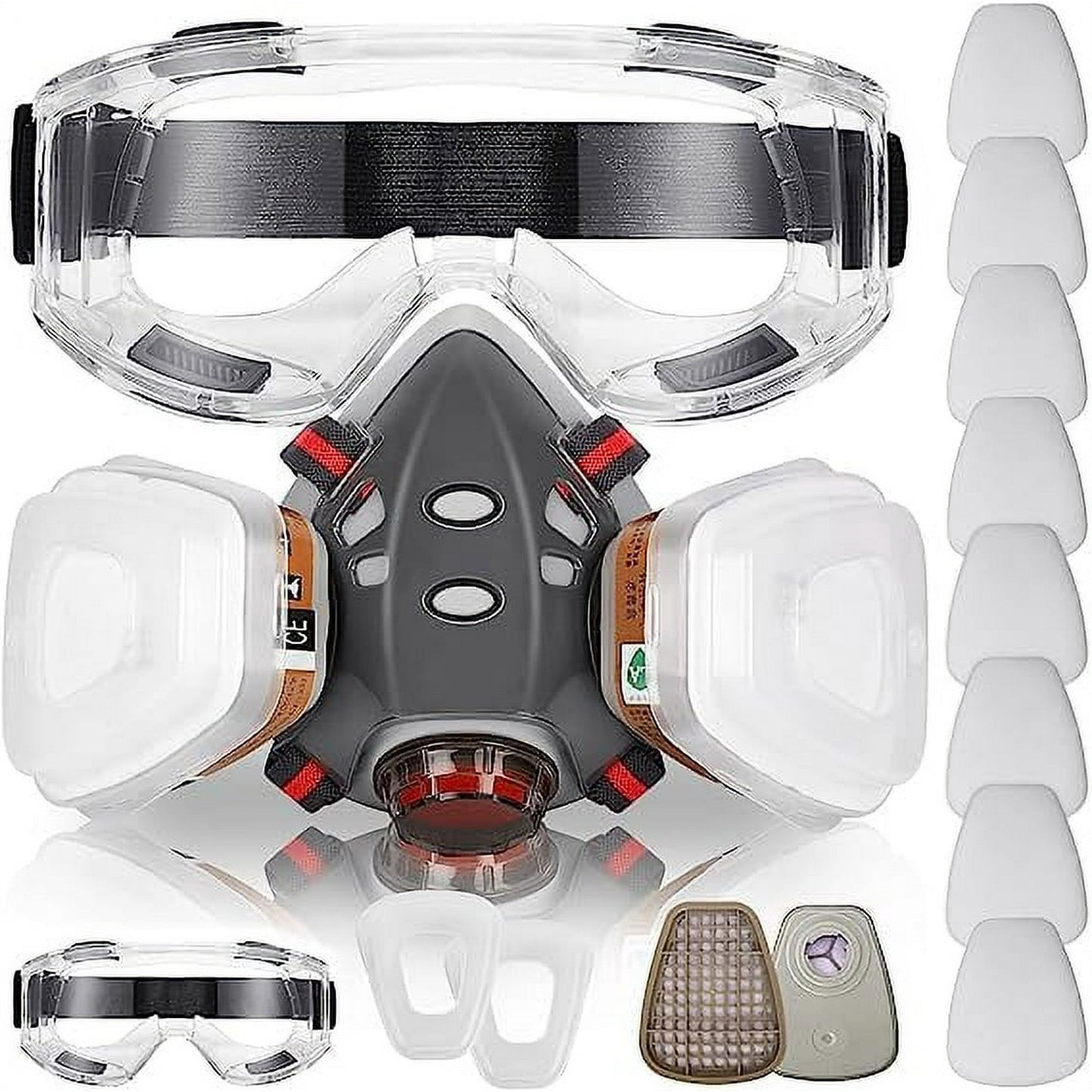 Respirator mask half Facepiece with Anti Fog Goggles, Reusable Half Face Cover Respirator for Painting, Machine Polishing, Welding, Cleaning, Sanding,Sawing ,Medium