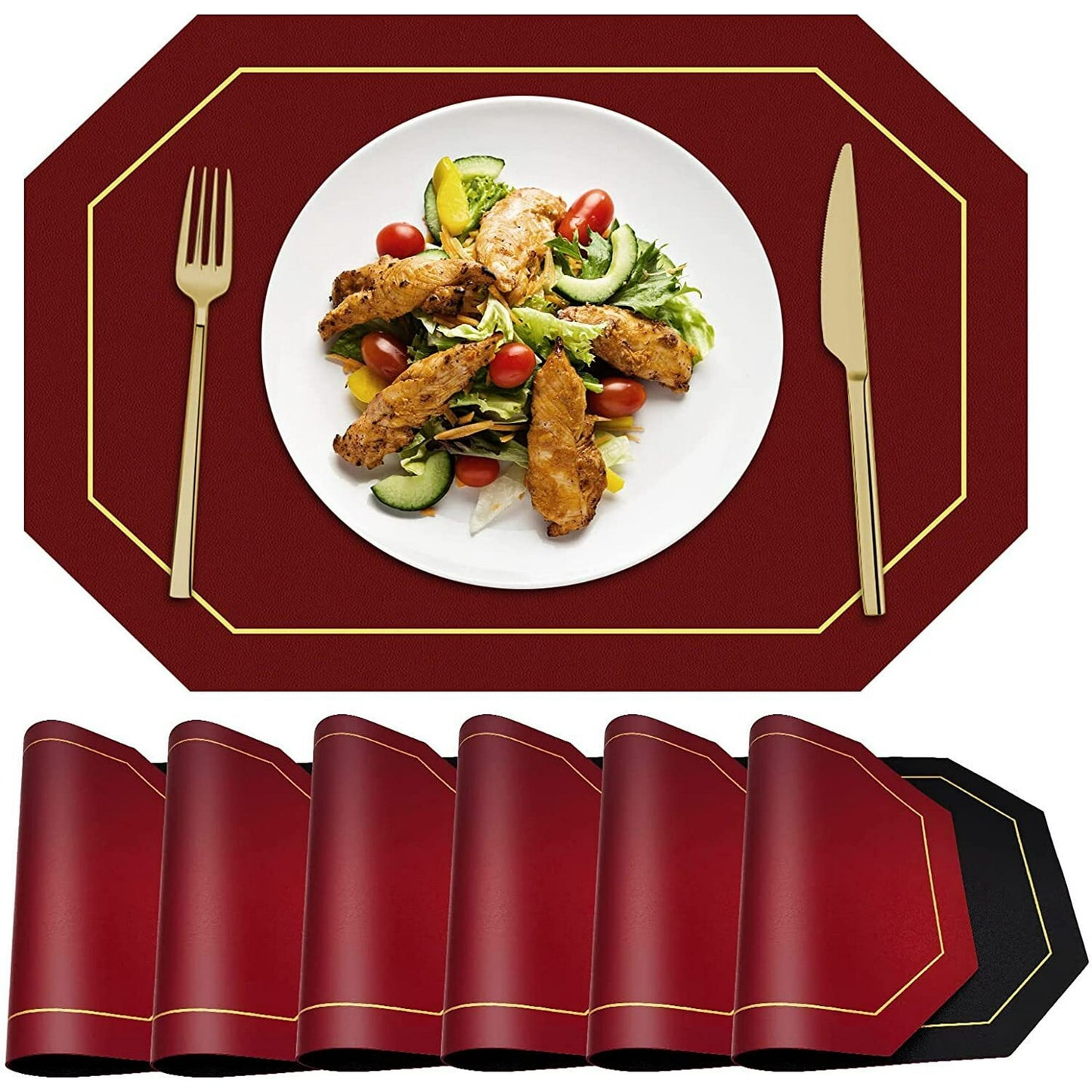 Reversible Placemats Set of 6 - Faux Leather Heat Resistant Placemats Washable Table Mats Waterproof Wipeable Placemats for Table Wedding Coffee Shop Decoration ( Red & Black)