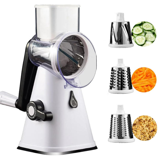 FANGNISN Rotary Cheese Grater with Handle, Vegetable Slicer with 3 Replaceable Stainless Steel Drum Blades and Powerful Suction Base for Kitchen Potato, Fruit, Nuts