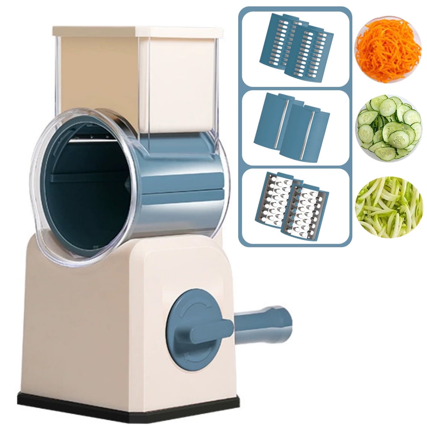 Rotary Cheese Grater, Kitchen Mandoline Vegetable Slicer with 3 Interchangeable Blades, Cheese Shredder Potato Hash Brown Shredder Nut Grinder Easy to Clean Grater for Fruit, Vegetables, Nuts