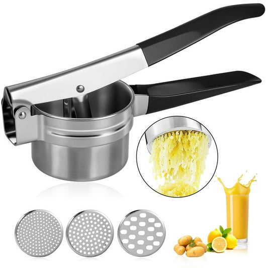 Stainless Steel Potato Ricer 15oz, Food Press with 3 Discs for Effortless Mashed Potatoes, Baby Food, Gnocchi, Ergonomic Non-Slip Grip, Dishwasher Safe Press and Ricer Kitchen Tool, Black