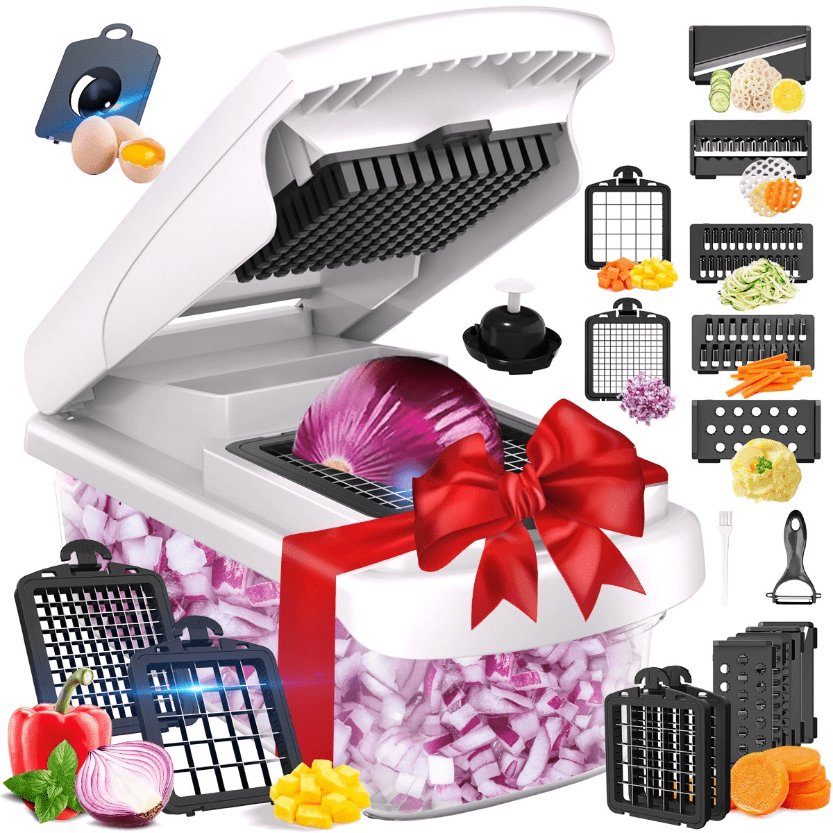 Vegetable Chopper Onion Cutter, 15-in-1 Professional Mandoline Slicer for Kitchen, Multifunctional Food Chopper for Potato, Tomato, Veggie with Strainer Basket, 8 Blades