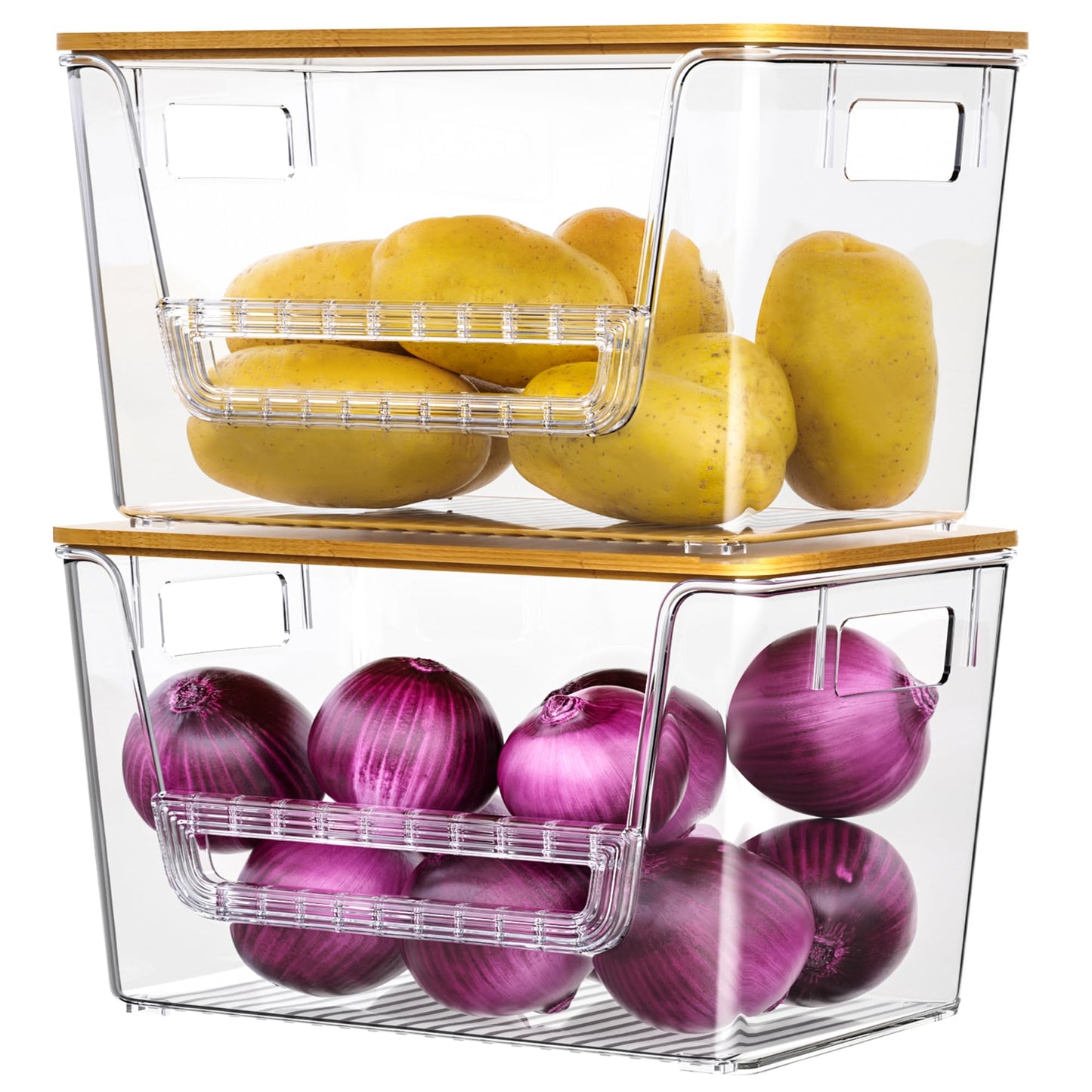 TIJITY Potato Storage Bin 2 Pack, Stackable Pantry Organizers Storage with Bamboo Lids for Onion, Potato, Fruit, Vegetables, Clear Trash Bag Dispenser, Kitchen Countertop Organizer